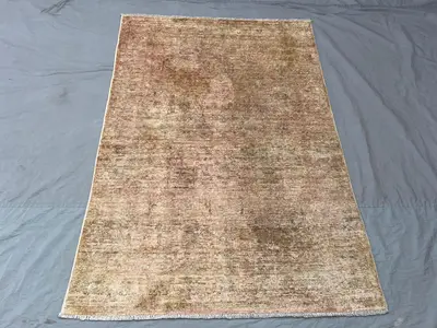 4x5'7 Vintage Afghan Wool Pile Rug Hand-Knotted Distressed Faded Floral Blush Pink Olive Mocha Transitional Ar
