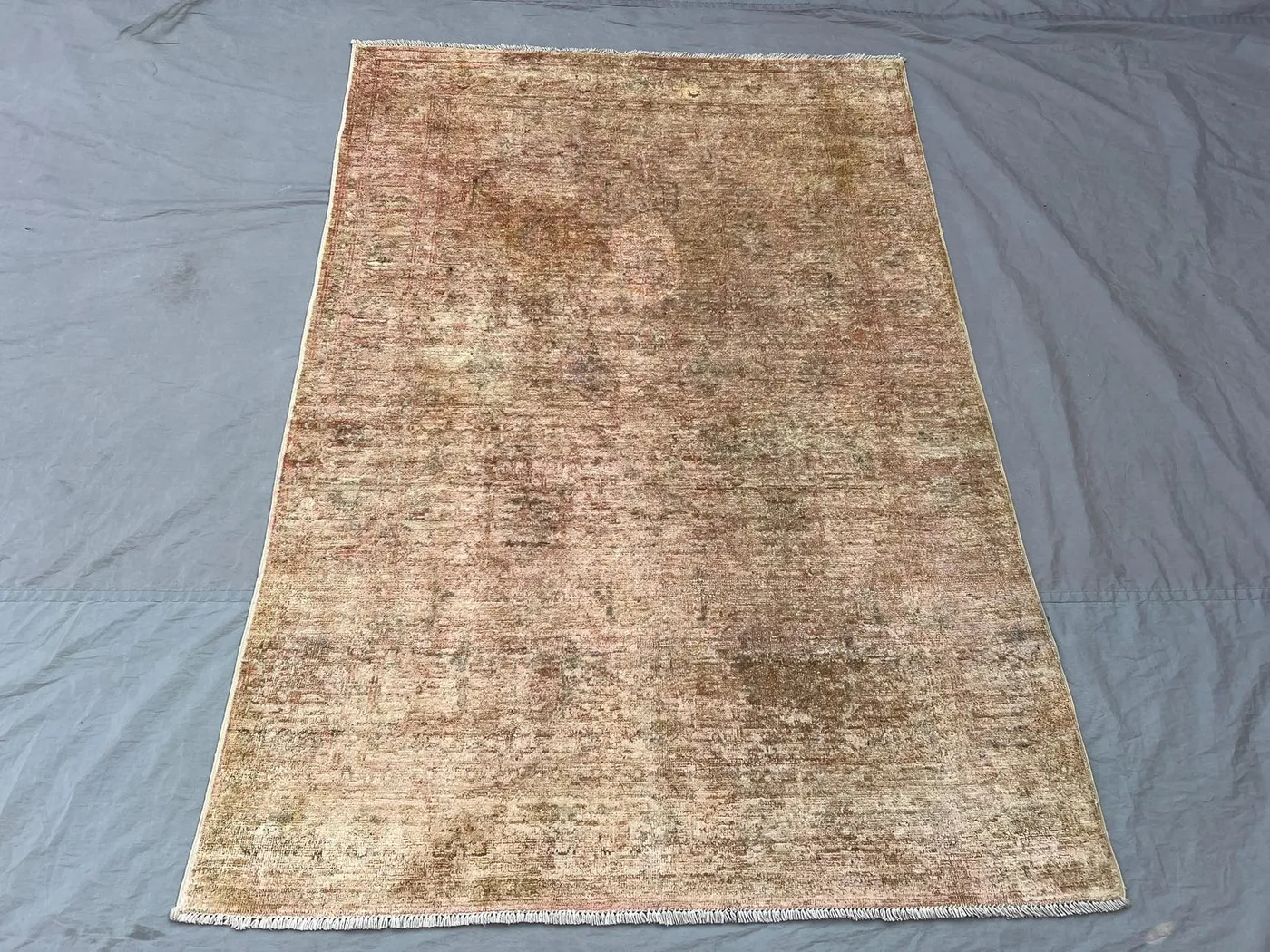 4x5'7 Vintage Afghan Wool Pile Rug Hand-Knotted Distressed Faded Floral Blush Pink Olive Mocha Transitional Area Rug | Living Room Bedroom