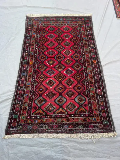 4x6'8 ft Vintage Afghan Pile Rug | Handknotted Tribal All-Over Diamond | Crimson Red & Dark Brown Wool | Area 