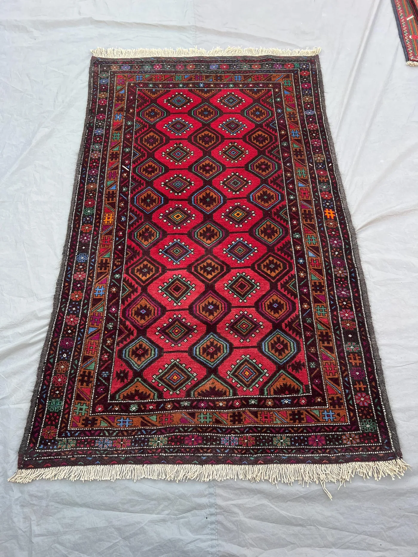 4x6'8 ft Vintage Afghan Pile Rug | Handknotted Tribal All-Over Diamond | Crimson Red & Dark Brown Wool | Area Rug Living Room Bedroom