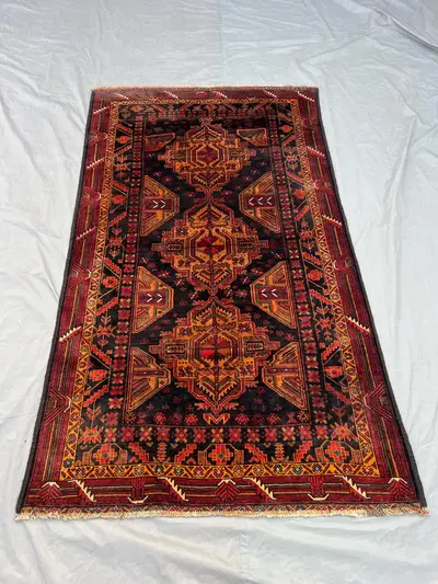 4'2x6'11 Ft Vintage Afghan Hand Knotted Wool Pile Rug Dark Black Gold Triple Geometric Medallion Pattern | Bol