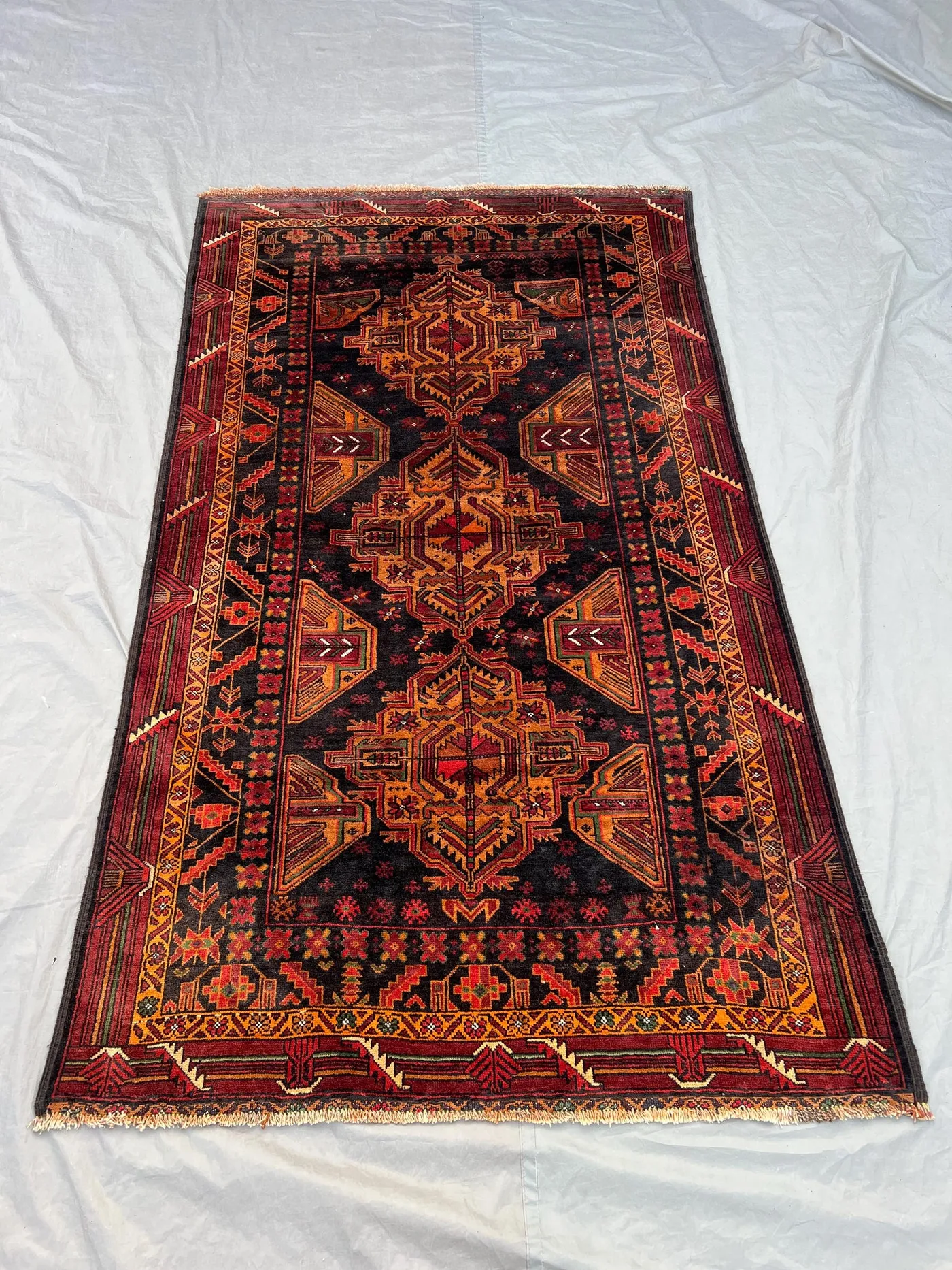 4'2x6'11 Ft Vintage Afghan Hand Knotted Wool Pile Rug Dark Black Gold Triple Geometric Medallion Pattern | Bold Living Room Bedroom