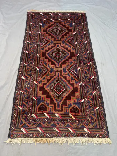 3'7x6'11 Ft Vintage Afghan Rug Runner, Handwoven Wool, Geometric Diamond Design in Red and Blue, Handknotted, 