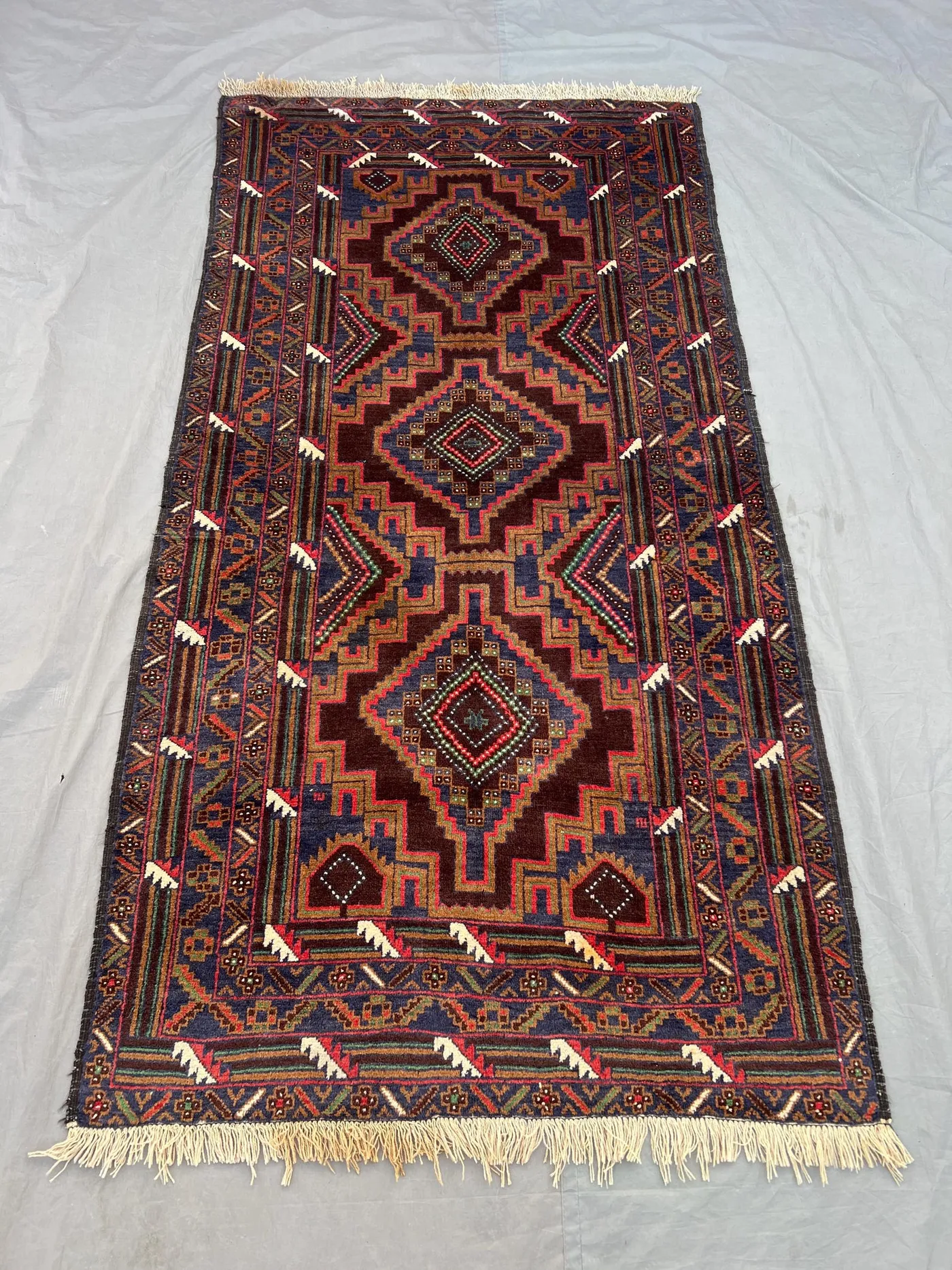 3'7x6'11 Ft Vintage Afghan Rug Runner, Handwoven Wool, Geometric Diamond Design in Red and Blue, Handknotted, Ideal for Hallway, Entryway,