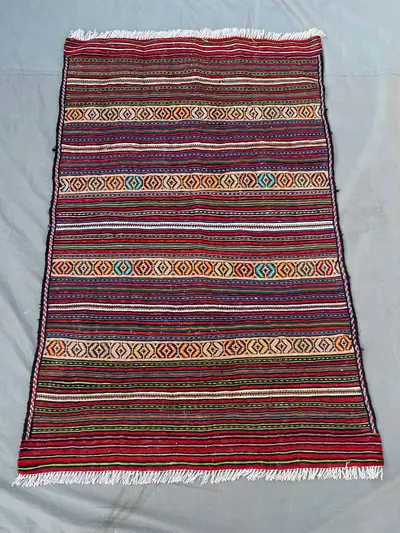 3x4'7 Vintage Afghan Wool Kilim Flat Weave Rug Vibrant Multicolor Stripe Geometric Diamond Band Pattern | Boho