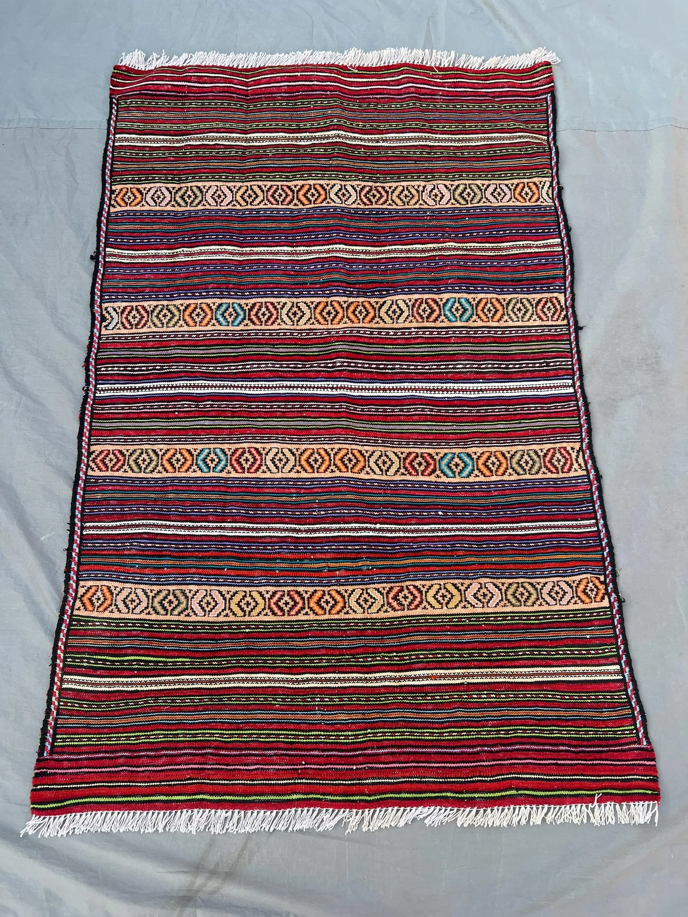 3x4'7 Vintage Afghan Wool Kilim Flat Weave Rug Vibrant Multicolor Stripe Geometric Diamond Band Pattern | Boho Kitchen Entryway Layering Rug