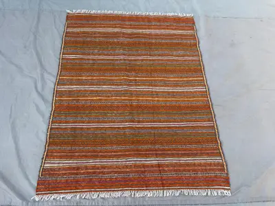3'6x4'6 Vintage Afghan Wool Kilim Flat Weave Rug Earthy Burnt Orange Olive Green Gray Horizontal Stripe Tribal