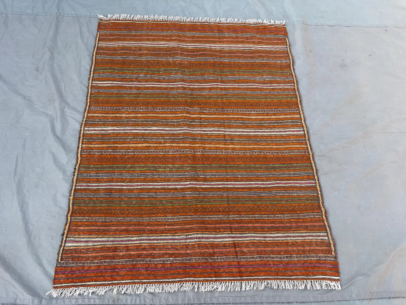 3'6x4'6 Vintage Afghan Wool Kilim Flat Weave Rug Earthy Burnt Orange Olive Green Gray Horizontal Stripe Tribal Pattern |  Rustic Accent Rug