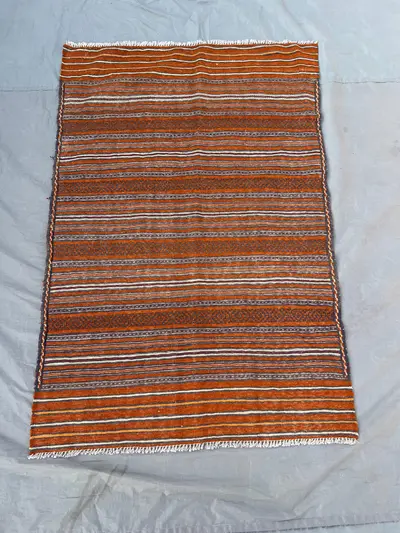 3'2x4'7 Vintage Afghan Wool Kilim Flat Weave Rug Rich Burnt Orange Navy Ivory Horizontal Stripe Tribal Band Pa