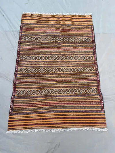 3'2x4'7 Ft Vintage Afghan Wool Kilim Flat Weave Rug Warm Amber Orange Navy Horizontal Stripe Geometric Diamond