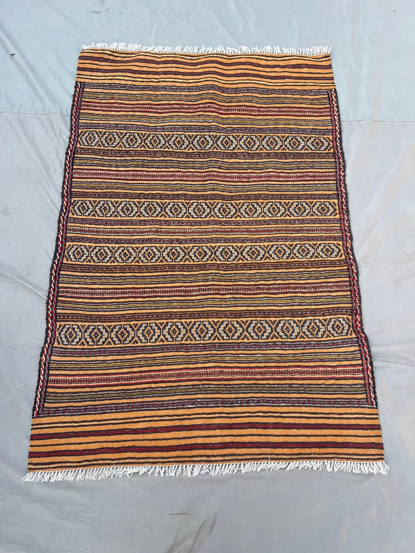 3'2x4'7 Ft Vintage Afghan Wool Kilim Flat Weave Rug Warm Amber Orange Navy Horizontal Stripe Geometric Diamond Band Boho Kitchen Accent Rug