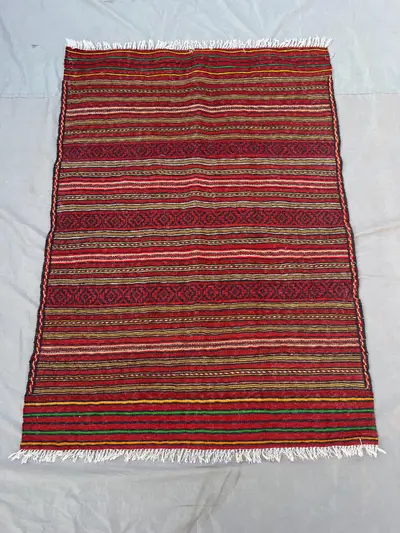 3'4x4'7 Ft Vintage Afghan Wool Kilim Flat Weave Rug Bold Red Multicolor Horizontal Stripe Diamond Band Pattern