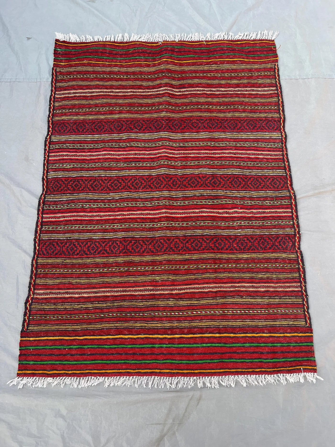 3'4x4'7 Ft Vintage Afghan Wool Kilim Flat Weave Rug Bold Red Multicolor Horizontal Stripe Diamond Band Pattern | Accent Kitchen Layering Rug