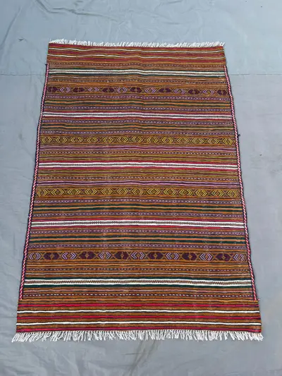 3x4'10 ft Vintage Afghan Rug, Handwoven Wool, Colorful Stripes with Geometric Motifs, Flat Weave, Handknotted,