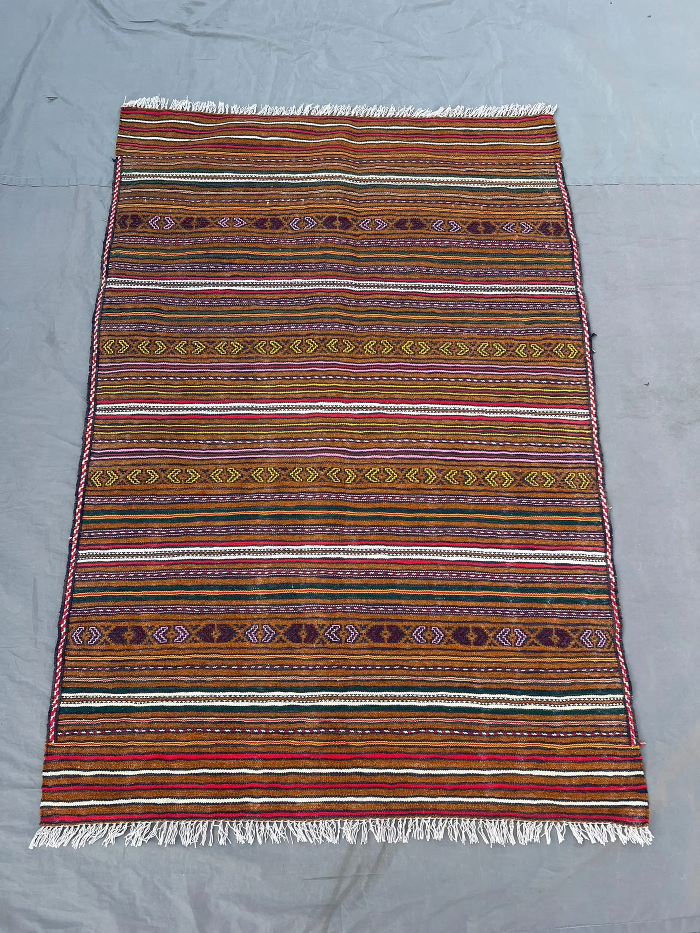 3x4'10 ft Vintage Afghan Rug, Handwoven Wool, Colorful Stripes with Geometric Motifs, Flat Weave, Handknotted, Ideal for Living Room