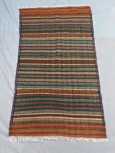 2'11x4'11 ft Vintage Afghan Rug, Handwoven Wool, Colorful Stripes with Geometric Border, Flat Weave, Handknott