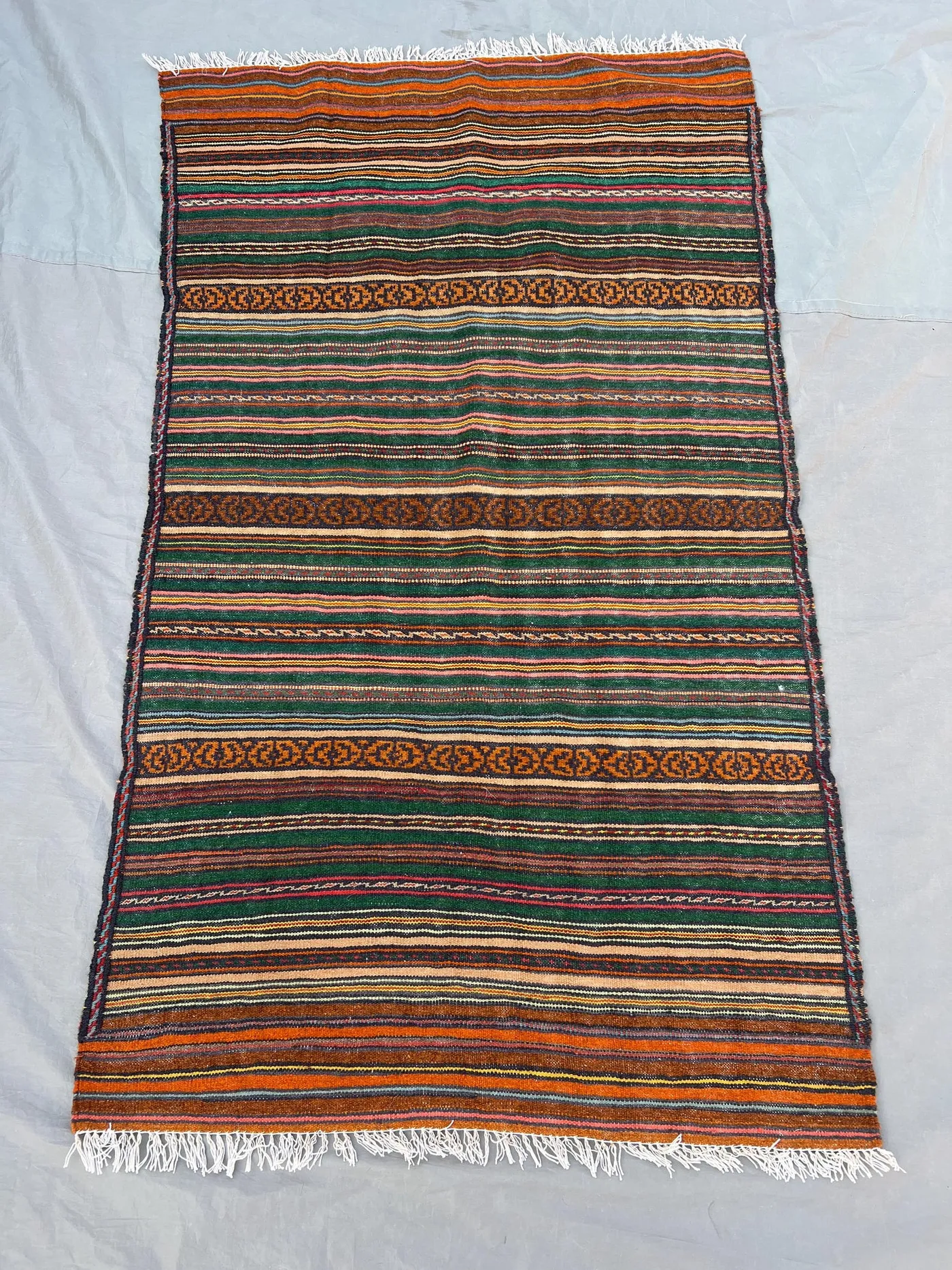 2'11x4'11 ft Vintage Afghan Rug, Handwoven Wool, Colorful Stripes with Geometric Border, Flat Weave, Handknotted, Ideal for Living Room
