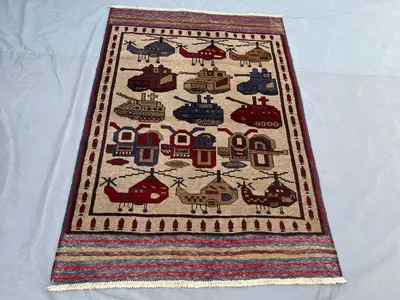 4'1x6 Ft Vintage Afghan Hand Knotted Pile War Rug | Ivory Tank Helicopter Military Motif Wool Area Rug | Colle