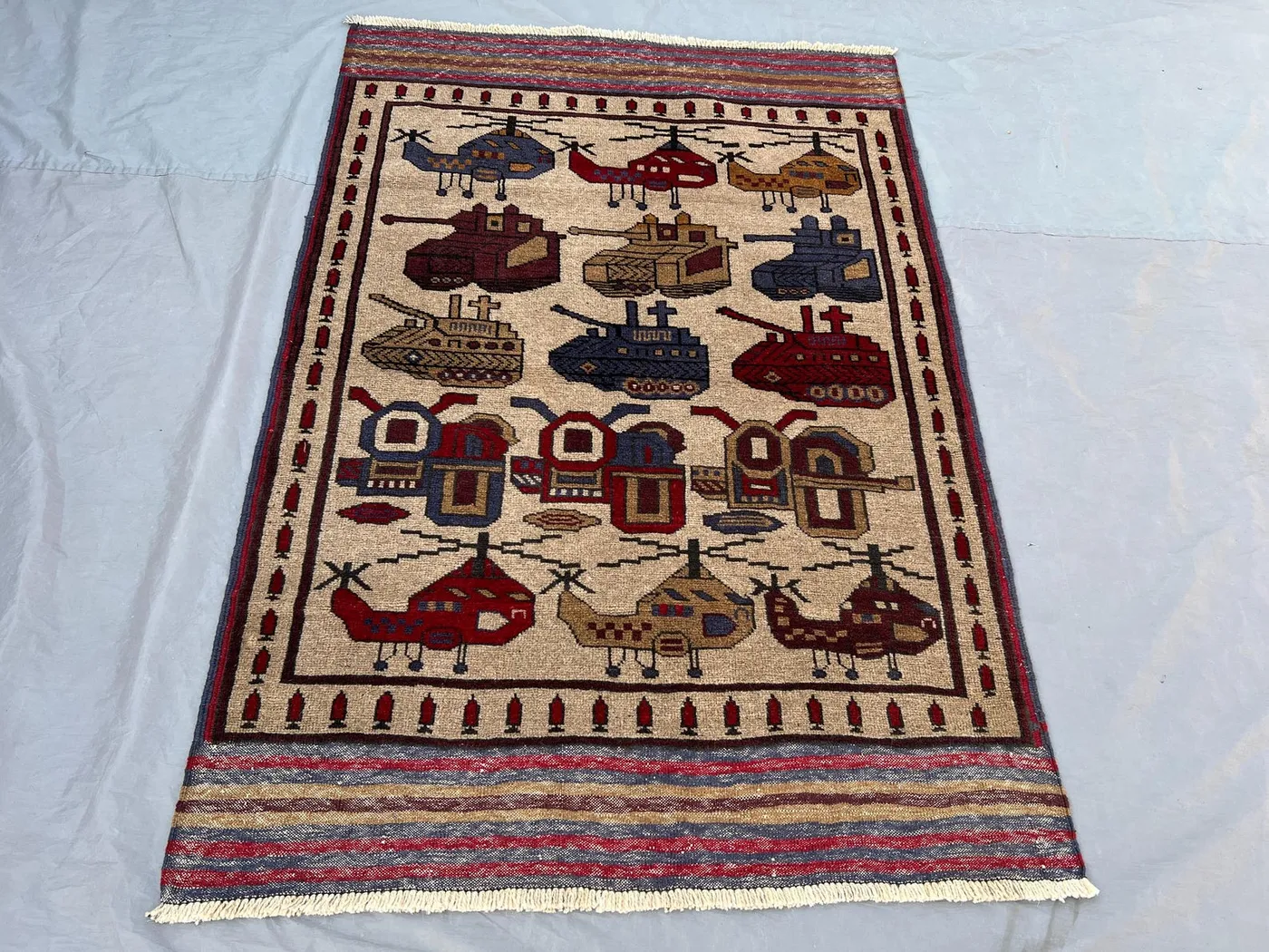 4'1x6 Ft Vintage Afghan Hand Knotted Pile War Rug | Ivory Tank Helicopter Military Motif Wool Area Rug | Collector Living Room, Wall Hanging