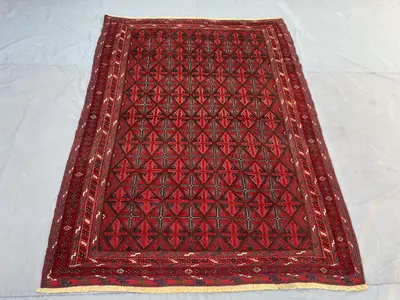 4'11x6'7 ft Vintage Afghan Rug, Handwoven Wool Pile, Geometric Cross Design, Rich Red and Brown, Handknotted, 