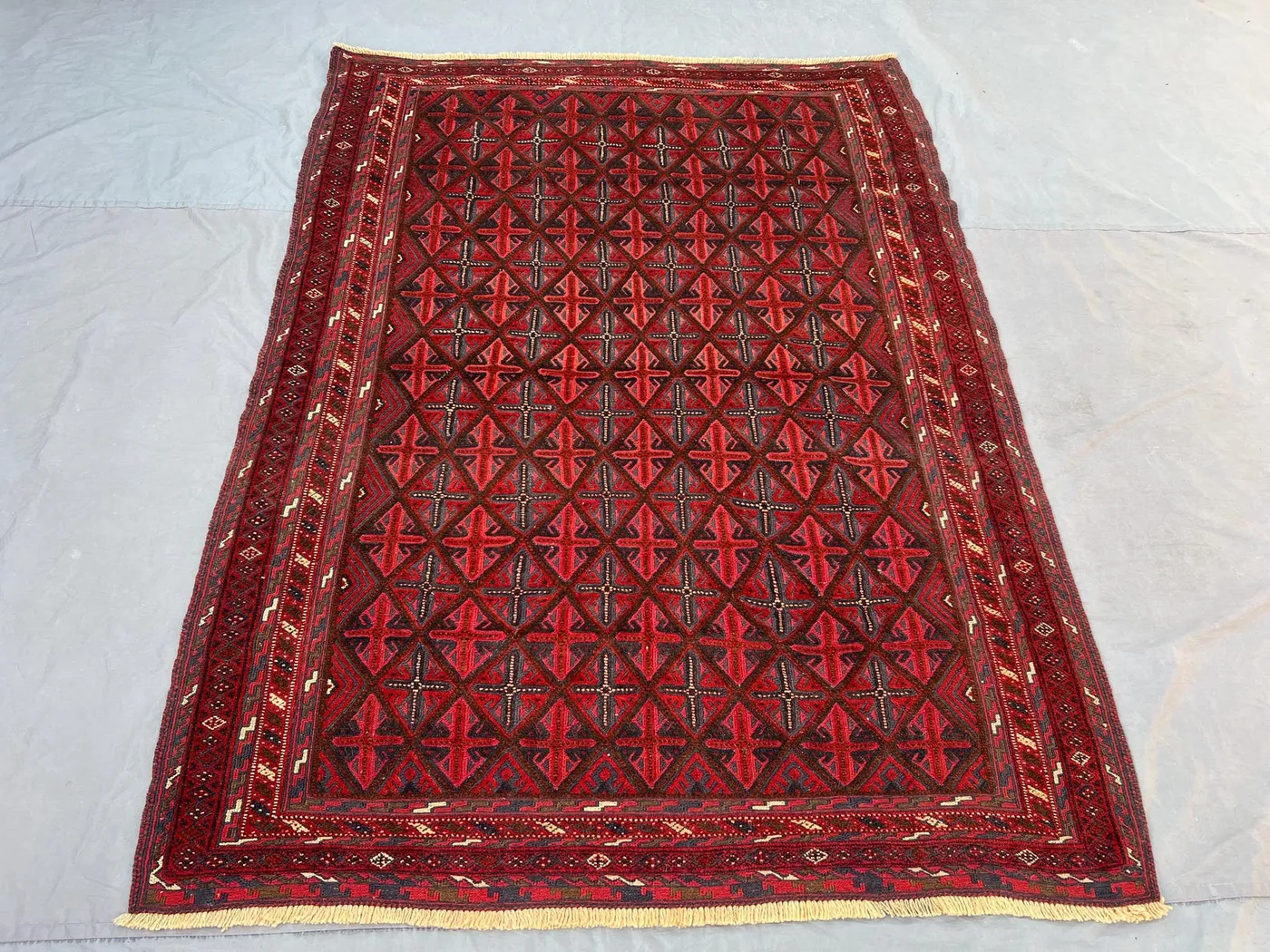 4'11x6'7 ft Vintage Afghan Rug, Handwoven Wool Pile, Geometric Cross Design, Rich Red and Brown, Handknotted, Ideal for Living Room, Bedroom