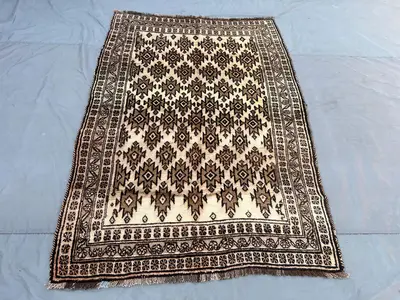 4'7x6'10 ft Antique Afghan Rug, Handwoven Wool Pile, Geometric Diamond Design, Brown and Ivory, Handknotted, I