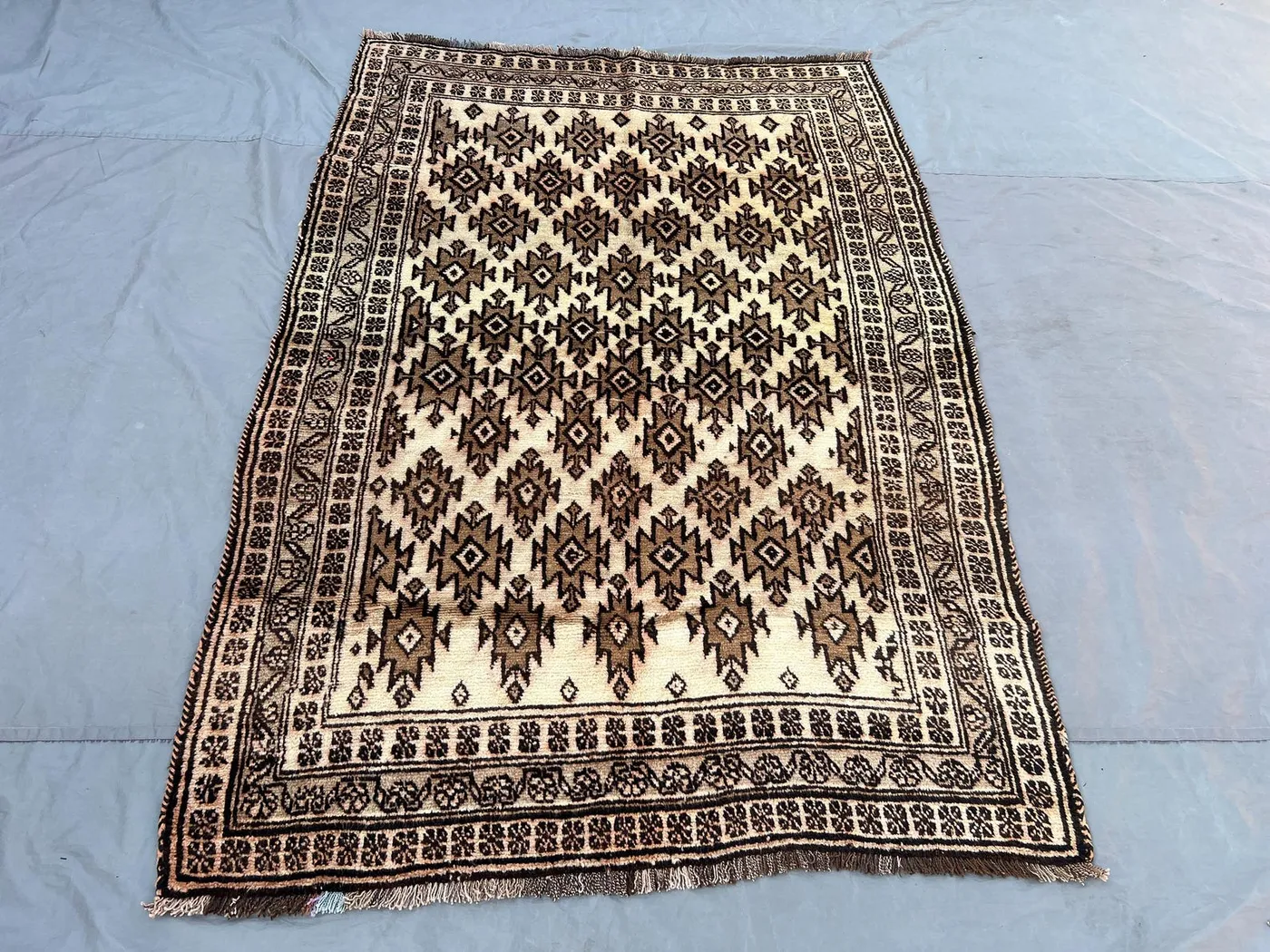 4'7x6'10 ft Antique Afghan Rug, Handwoven Wool Pile, Geometric Diamond Design, Brown and Ivory, Handknotted, Ideal for Living Room, Bedroom