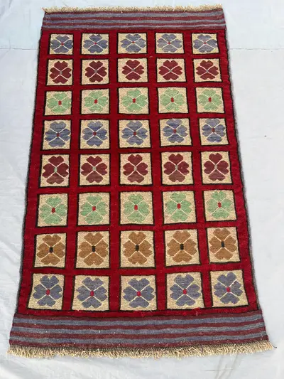 2'11x4'10 ft Vintage Afghan Rug, Handwoven Wool, Geometric Floral Design, Red Base with Multi-Colored Motifs, 