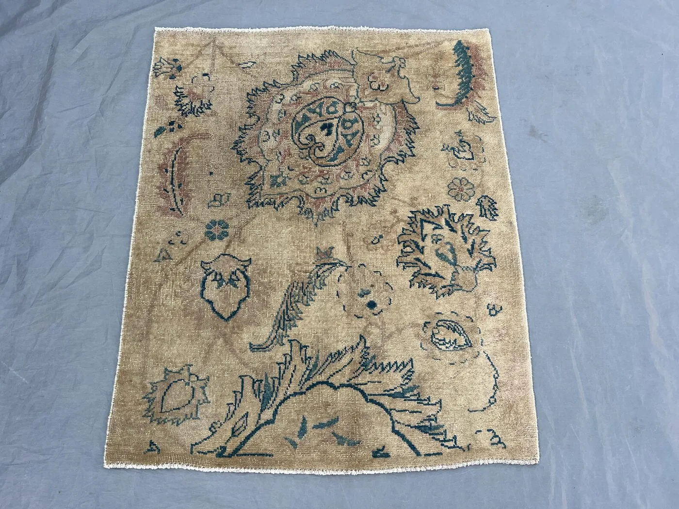 2'7x3'1 Vintage Afghan Pictorial Rug | Hand Knotted Wool Accent Rug | Faded Camel Beige Lion Sun Medallion Rug Rare Antique Style Distressed