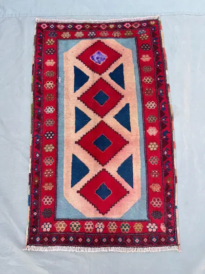 2'4x3'8 Vintage Afghan Tribal Rug | Hand Knotted Wool Accent Rug | Sky Blue Pink Red Diamond Medallion Rug | B