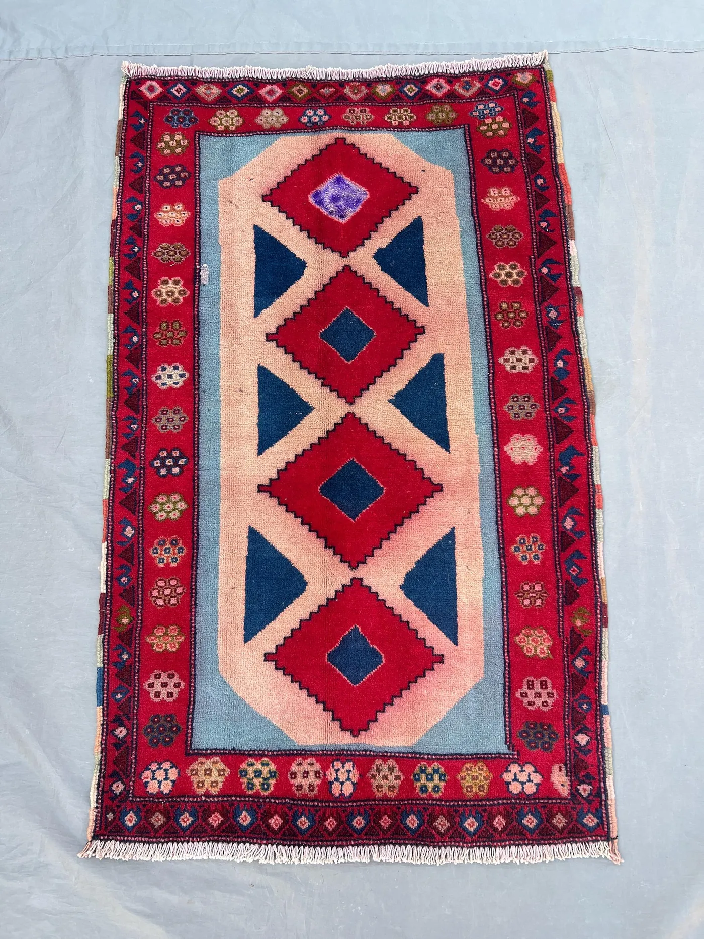 2'4x3'8 Vintage Afghan Tribal Rug | Hand Knotted Wool Accent Rug | Sky Blue Pink Red Diamond Medallion Rug | Bohemian Accent Rug