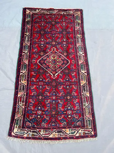 2'5x4'6 Ft Vintage Afghan Hand Knotted Pile Rug | Red Navy Geometric Medallion Allover Tribal Wool Area Rug Li