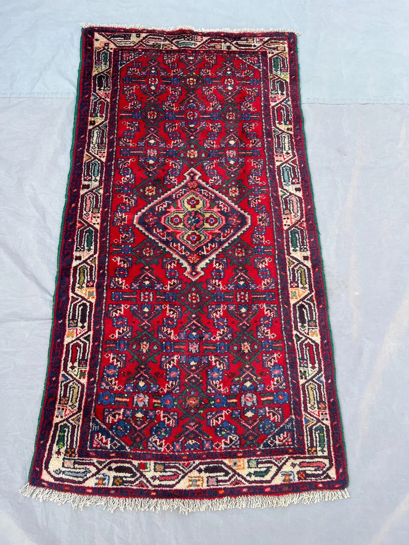2'5x4'6 Ft Vintage Afghan Hand Knotted Pile Rug | Red Navy Geometric Medallion Allover Tribal Wool Area Rug Living Room, Bedroom, Entryway