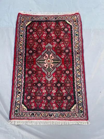 2'6x3'10 Ft Vintage Afghan Hand Knotted Pile Rug Red Green Diamond Medallion Allover Floral Lattice Wool Rug B