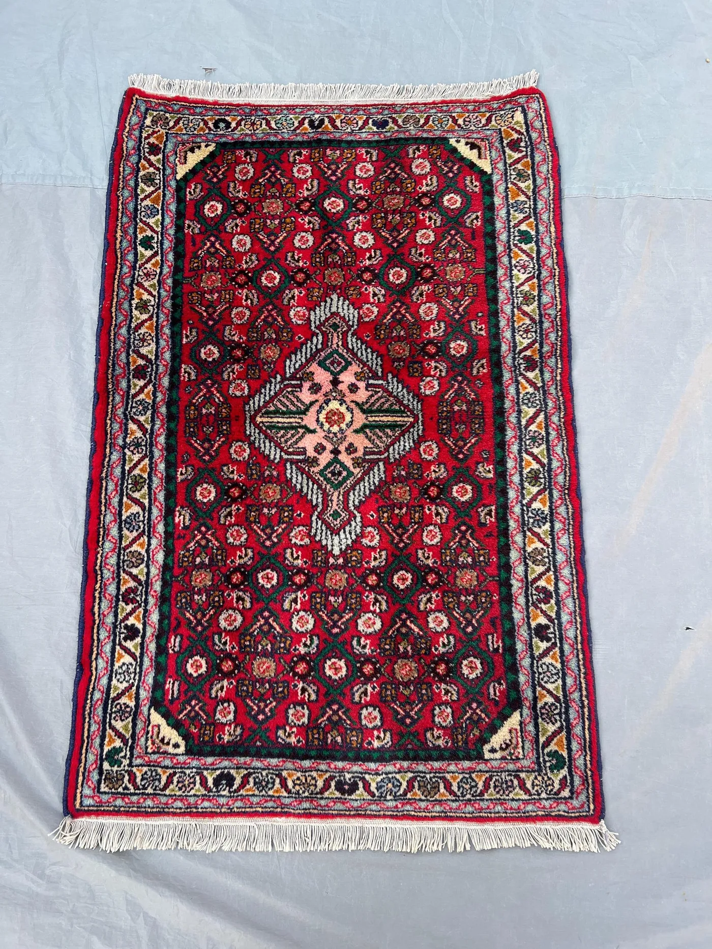 2'6x3'10 Ft Vintage Afghan Hand Knotted Pile Rug Red Green Diamond Medallion Allover Floral Lattice Wool Rug Bedroom, Entryway, Sofa Accent