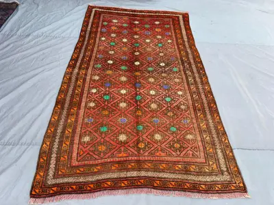 4'9x8'6 Vintage Afghan Tribal Rug | Hand Knotted Wool Area Rug | Red Orange Multicolor Diamond Lattice Rug | B