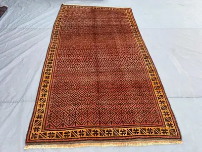 4'10x9 Vintage Afghan Tribal Rug | Hand Knotted Wool Area Rug | Burnt Orange Gold All Over Diamond Lattice Rug