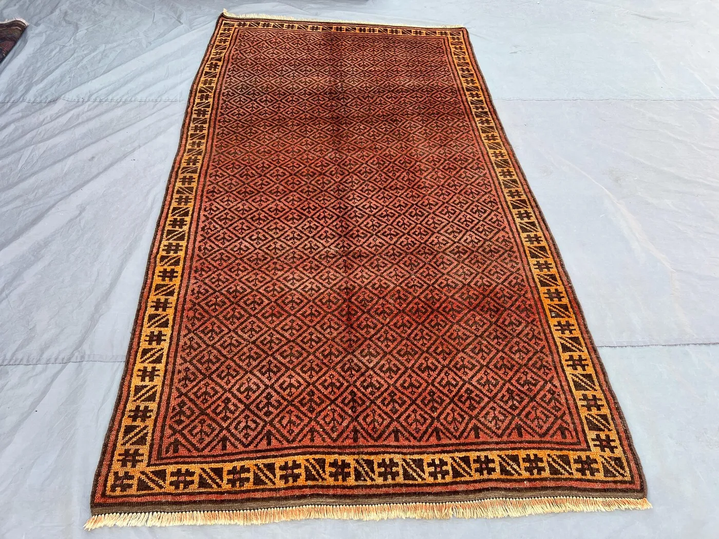4'10x9 Vintage Afghan Tribal Rug | Hand Knotted Wool Area Rug | Burnt Orange Gold All Over Diamond Lattice Rug | Bohemian Living Room Rug