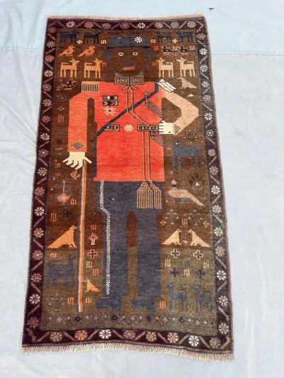 2'5x4'3 Vintage Afghan Pictorial Rug | Hand Knotted Wool Area Rug | Brown Orange Folk Art Soldier Figure Rug |