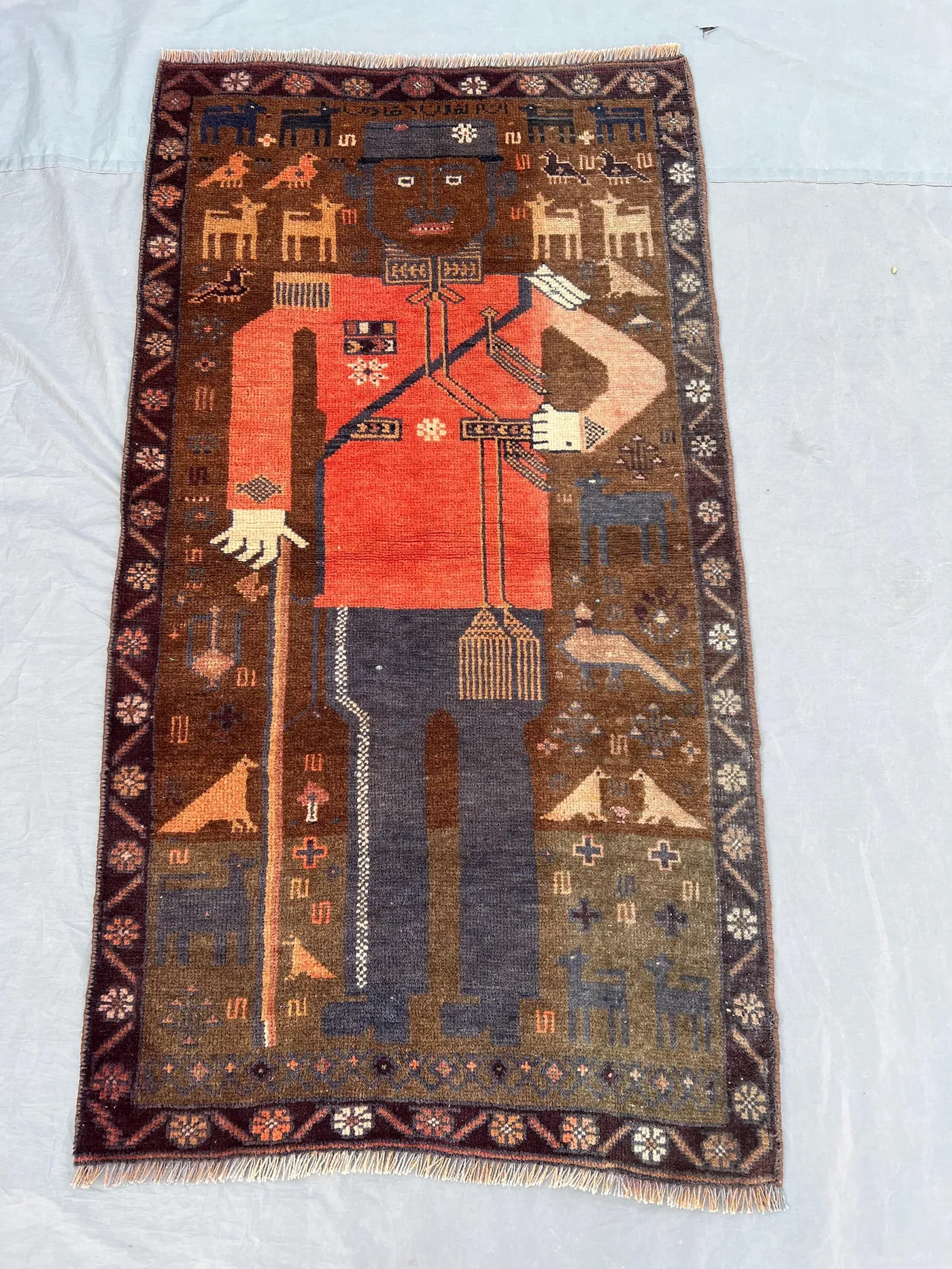 2'5x4'3 Vintage Afghan Pictorial Rug | Hand Knotted Wool Area Rug | Brown Orange Folk Art Soldier Figure Rug | Bohemian Accent Rug