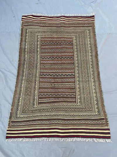 3x4'8 Ft Vintage Afghan Wool Kilim Flat Weave Rug Ivory Black Striped Center Checkered Diamond Border Panel De