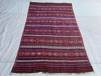 4'8x7'6 Vintage Afghan Flat Weave Wool Kilim | Red Blue Tribal Striped Diamond Motif Area Rug | Nomadic Sumak 