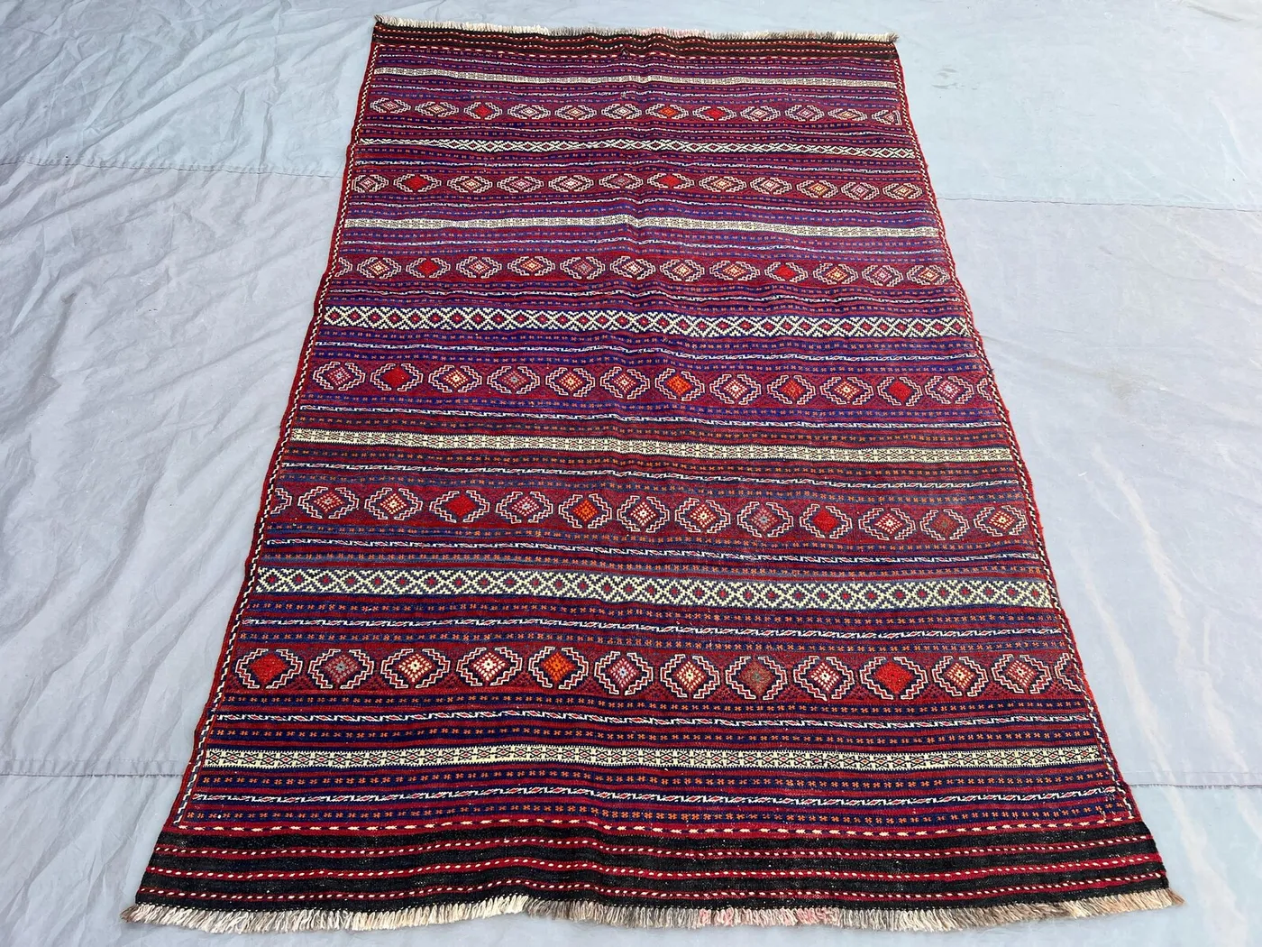 4'8x7'6 Vintage Afghan Flat Weave Wool Kilim | Red Blue Tribal Striped Diamond Motif Area Rug | Nomadic Sumak Kilim Carpet | Home Decor
