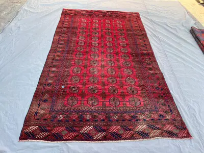 5'9x9'9 Vintage Afghan Hand Knotted Wool Rug | Deep Red Tribal All-Over Octagonal Gul Medallion Area Rug | Nom