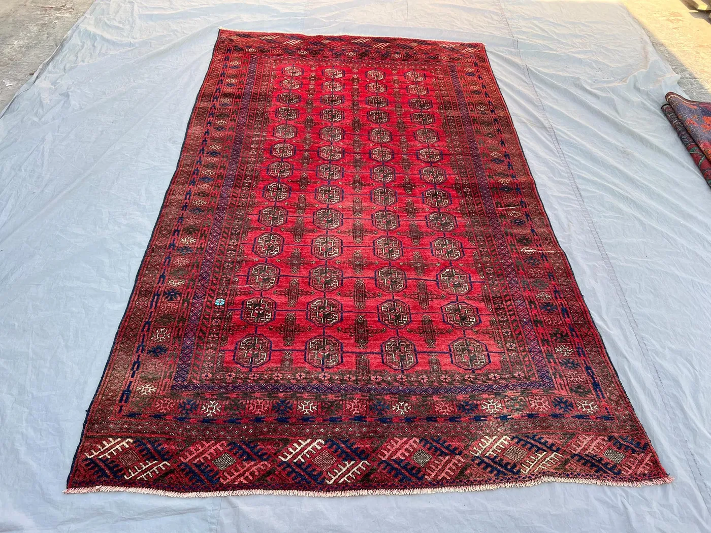 5'9x9'9 Vintage Afghan Hand Knotted Wool Rug | Deep Red Tribal All-Over Octagonal Gul Medallion Area Rug | Nomadic Bokhara Carpet