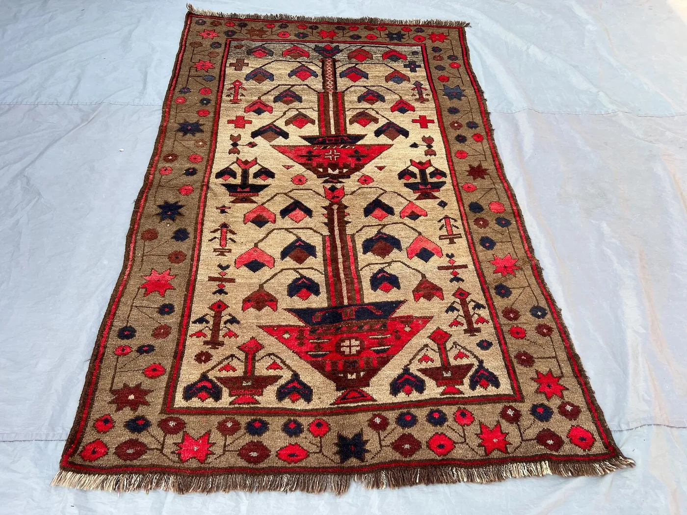 4'9x7'6 Vintage Afghan Hand Knotted Wool Rug Ivory Olive Tree of Life Vase Tribal Folk Motif Red Navy Boho Living Room Bedroom Carpet