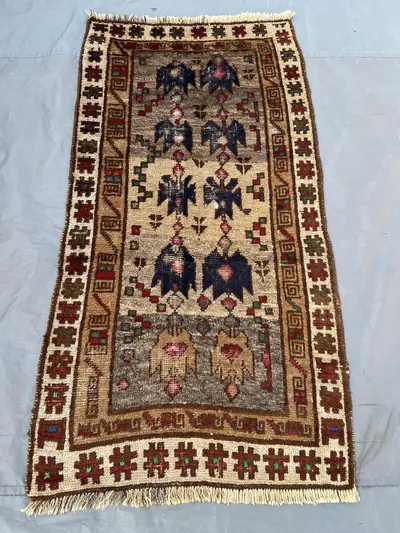 2'10x5'3 Vintage Afghan Hand Knotted Wool Rug | Ivory Grey Tribal Eagle Bird Motif Area Rug | Nomadic Pictoria