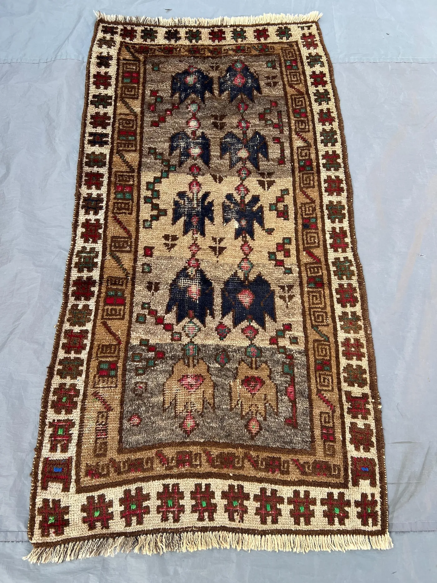 2'10x5'3 Vintage Afghan Hand Knotted Wool Rug | Ivory Grey Tribal Eagle Bird Motif Area Rug | Nomadic Pictorial Carpet | Home Decor