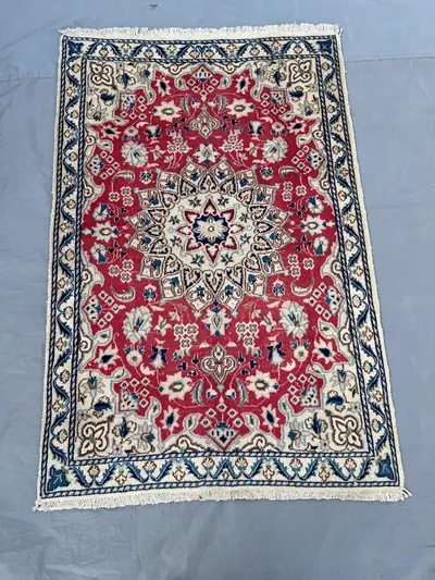 2'10x4'3 Ft Vintage Hand Knotted Wool Rug | Red Ivory Floral Medallion Area Rug | Classic Scrolling Vine Carpe