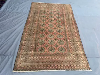 4'9x7'8 Vintage Afghan Hand Knotted Wool Rug Faded Terracotta Pink All Over Gul Octagonal Medallion Tribal Boh